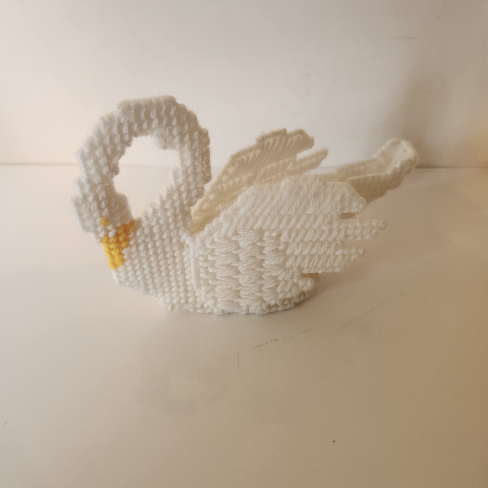 Handmade Plastic Canvas White Swan Figurine Vintage Style Yarn Craft Decor